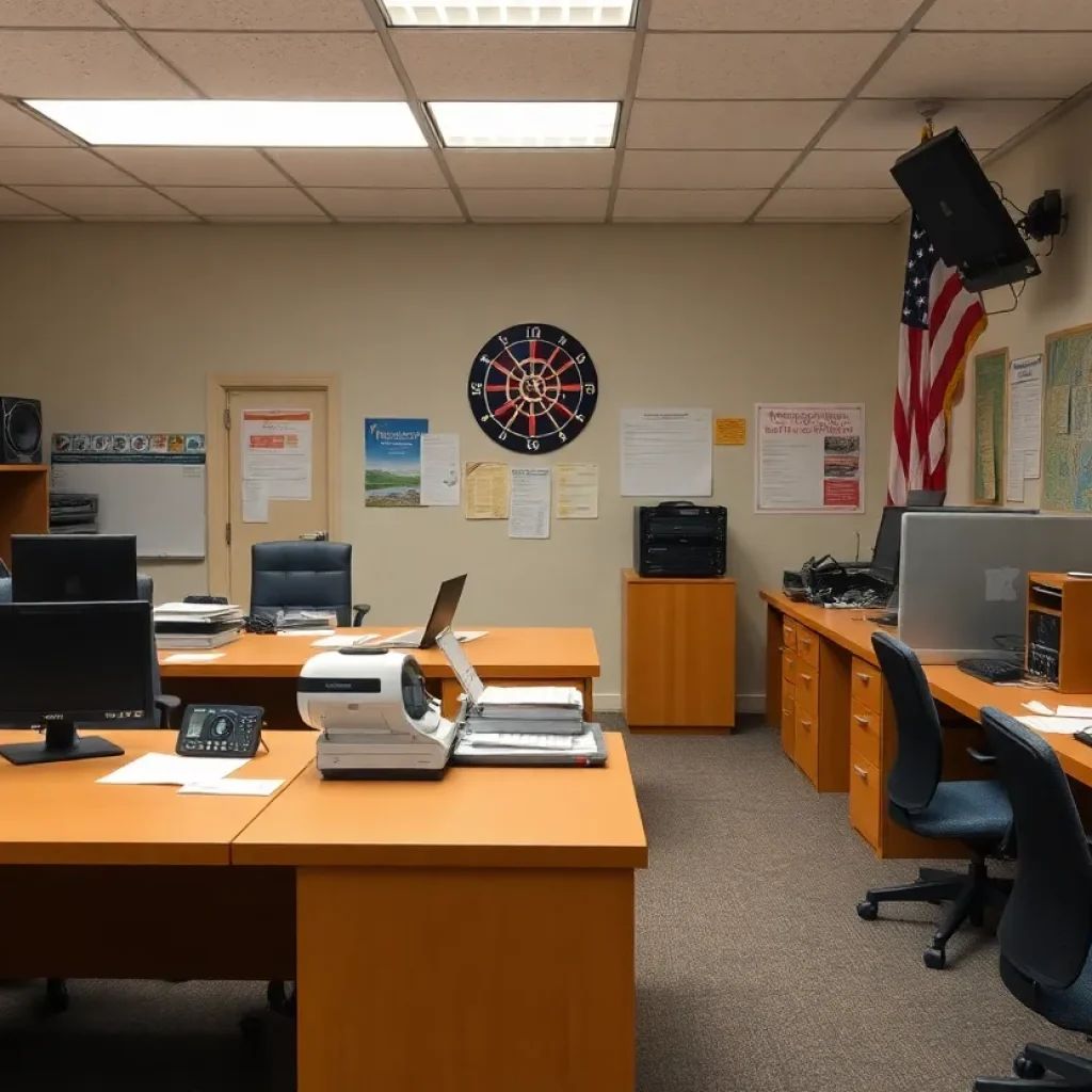 Empty desks in a weather service office indicating staffing shortages
