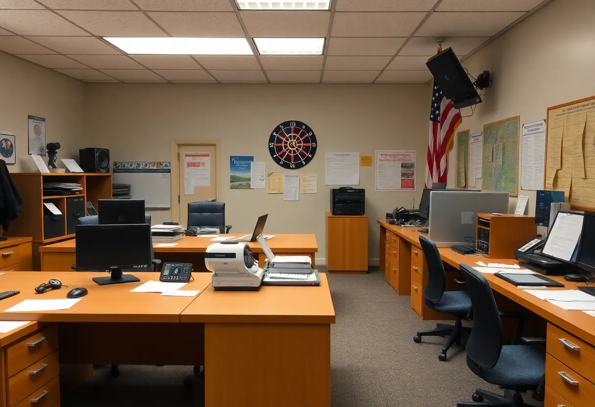 Empty desks in a weather service office indicating staffing shortages