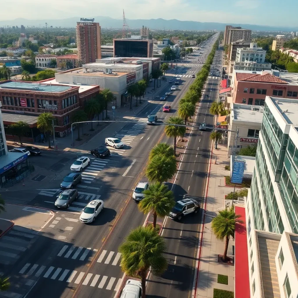 Police vehicles and activity on Sunset Boulevard in Beverly Hills