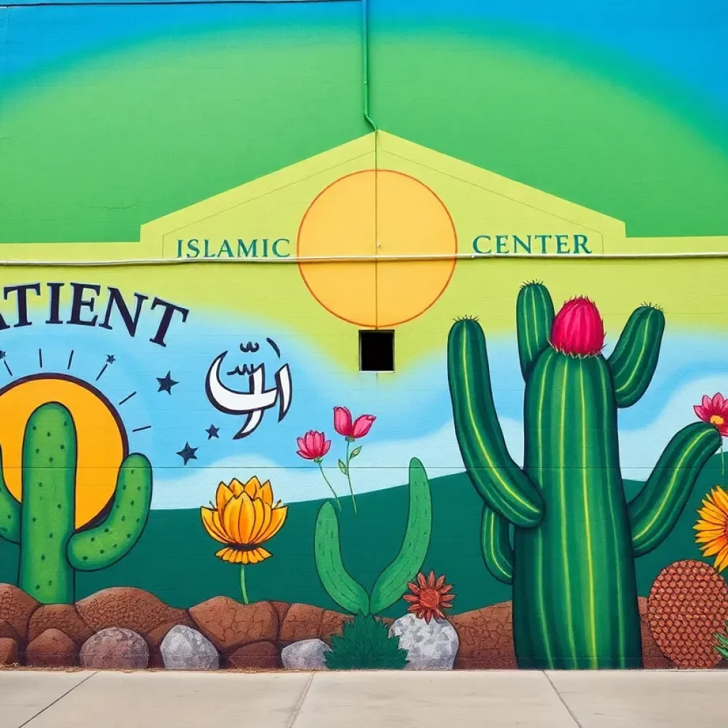 Vibrant mural titled 'Sabr at Fajr' at the Islamic Center of Southern California.