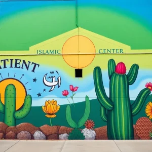 Vibrant mural titled 'Sabr at Fajr' at the Islamic Center of Southern California.