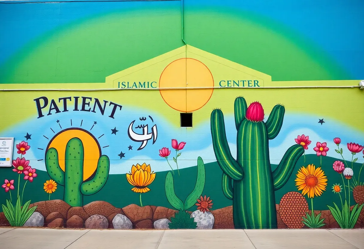 Vibrant mural titled 'Sabr at Fajr' at the Islamic Center of Southern California.