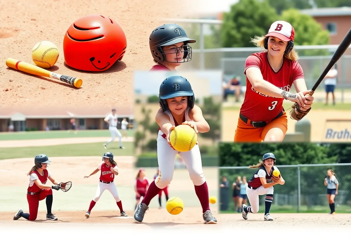 A representation of a college softball team undergoing roster changes with equipment and action in focus.