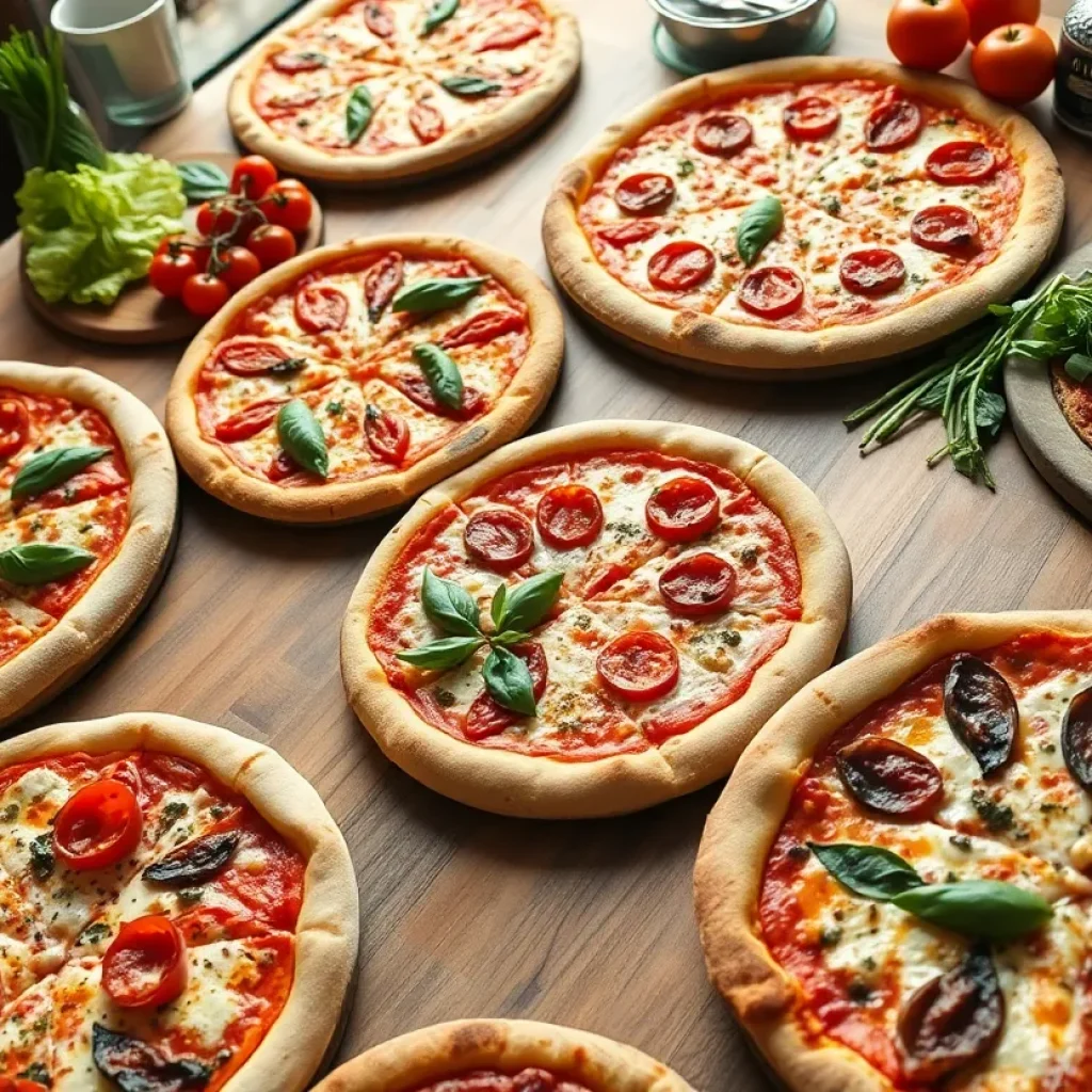 Artistic display of unique pizza styles with fresh ingredients