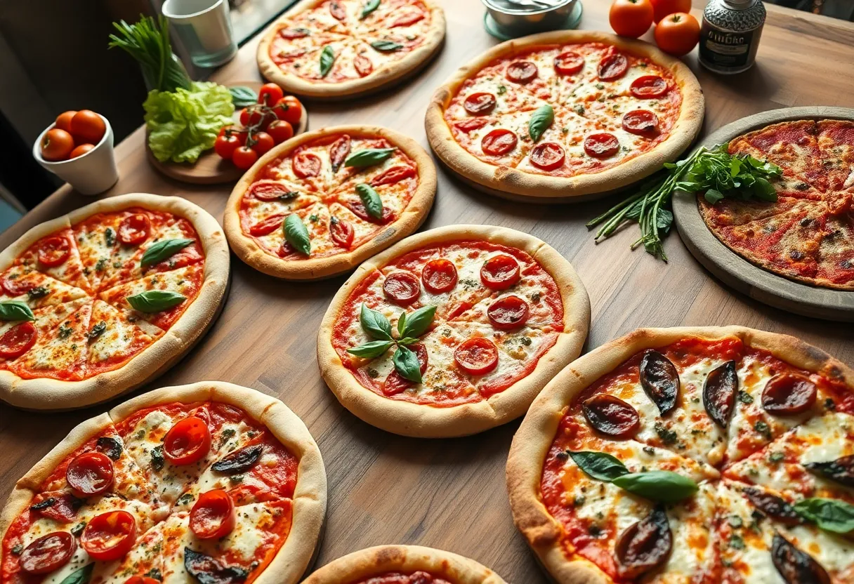 Artistic display of unique pizza styles with fresh ingredients