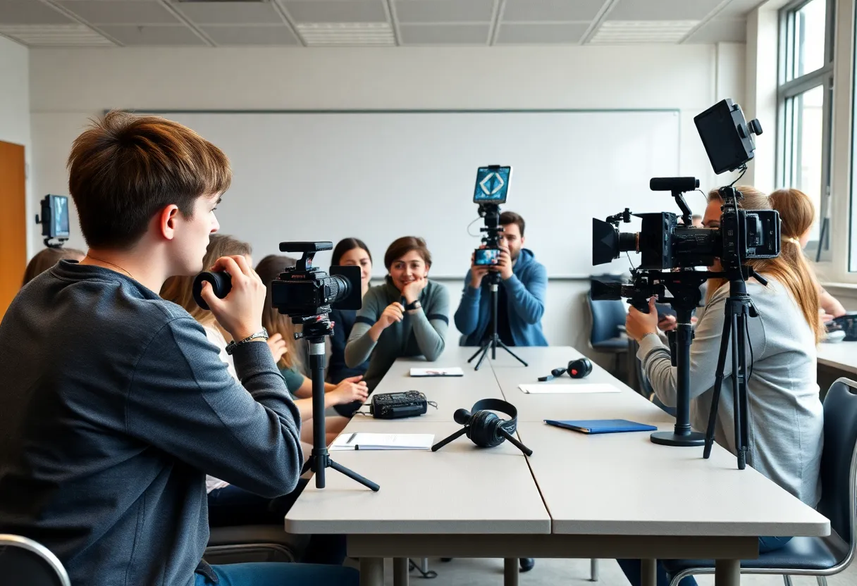 Students working on a film production in a classroom.