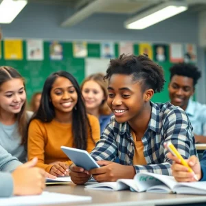 High school students actively participating in a classroom environment at Beverly Hills High School.