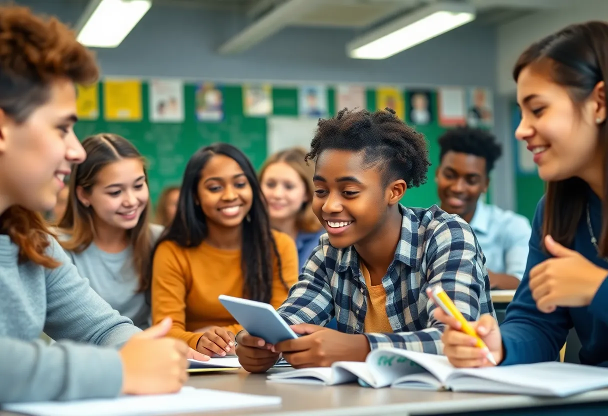 High school students actively participating in a classroom environment at Beverly Hills High School.