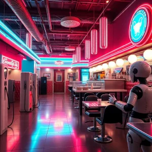 Exterior view of the Tesla Diner with bright neon signs and charging stations.