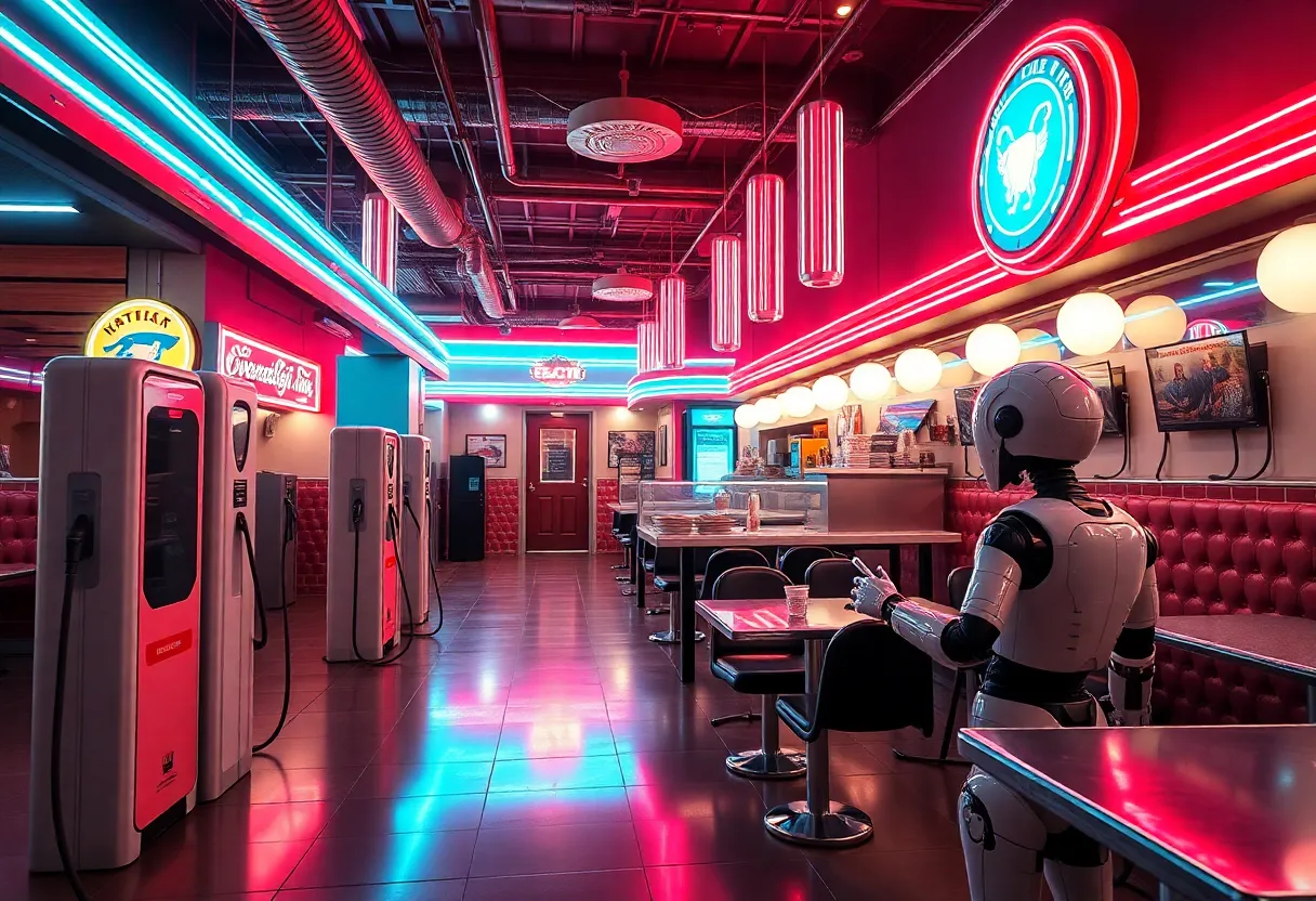 Exterior view of the Tesla Diner with bright neon signs and charging stations.