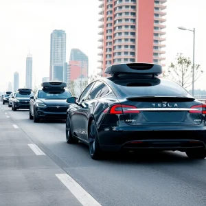 Futuristic Tesla vehicles in an urban environment demonstrating autonomous driving technology.