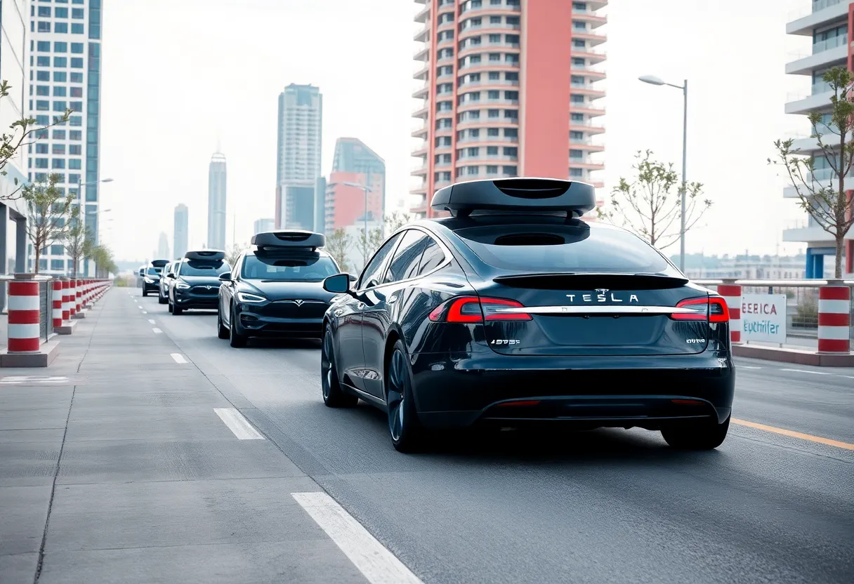 Futuristic Tesla vehicles in an urban environment demonstrating autonomous driving technology.