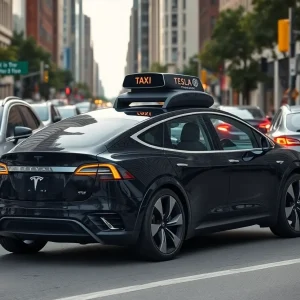 Futuristic electric vehicle taxi in a city setting
