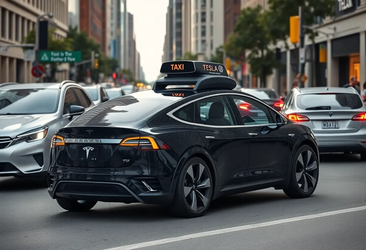 Futuristic electric vehicle taxi in a city setting