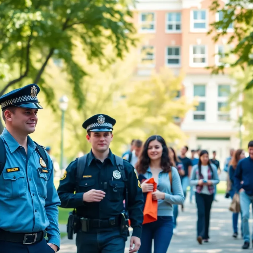 Students on UCLA campus with police presence ensuring safety