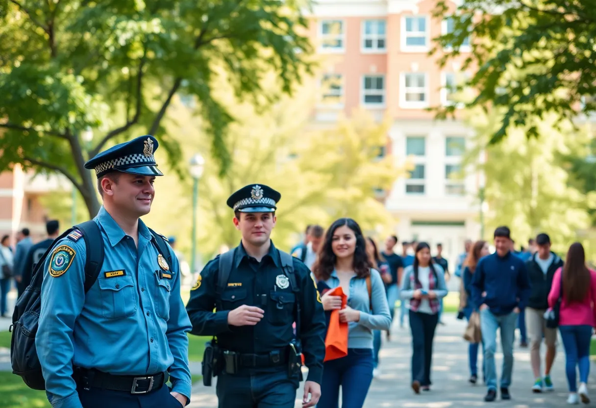 Students on UCLA campus with police presence ensuring safety