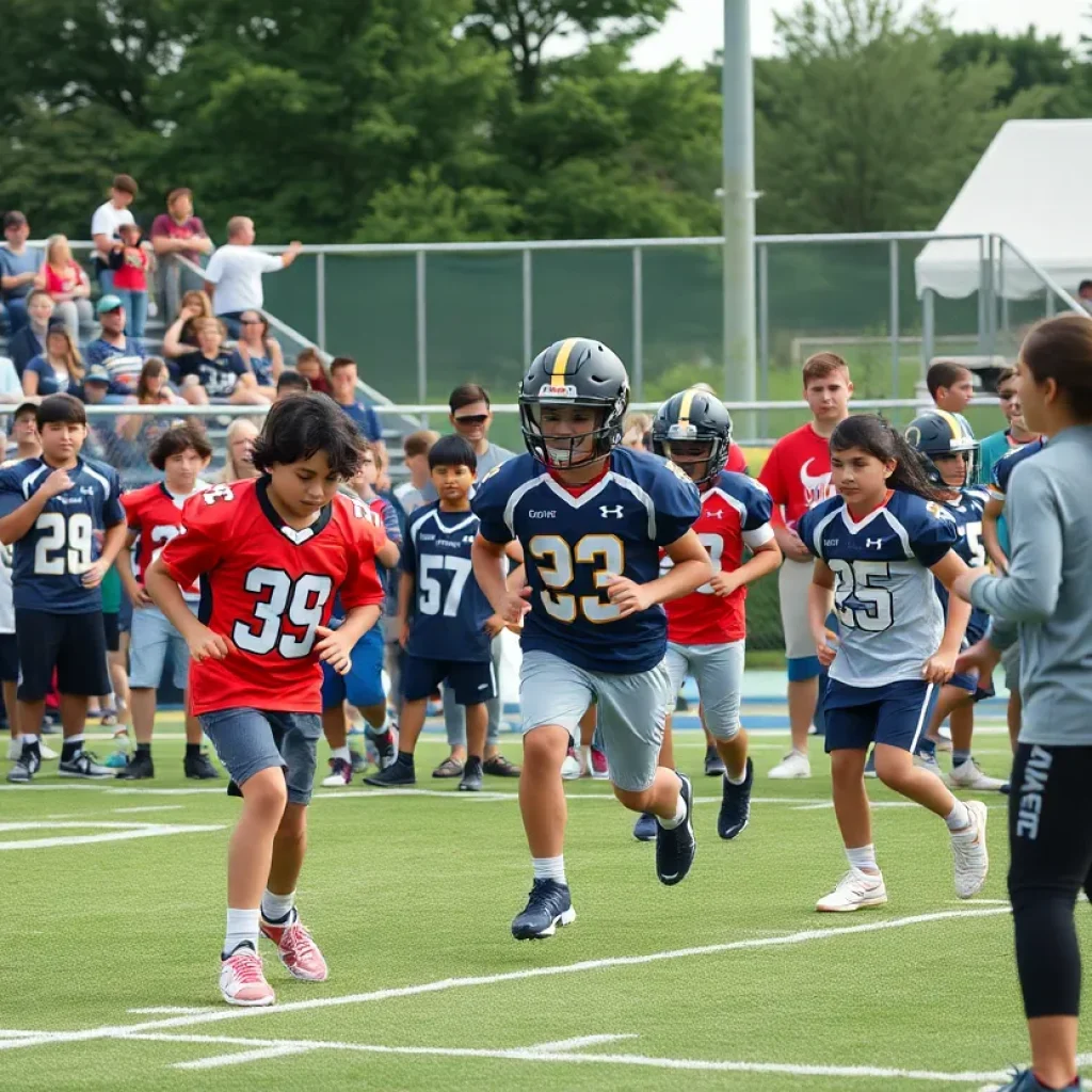 Football athletes showcasing skills at a UCLA recruitment event