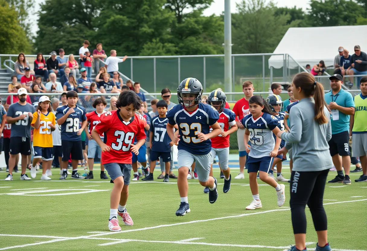 Football athletes showcasing skills at a UCLA recruitment event
