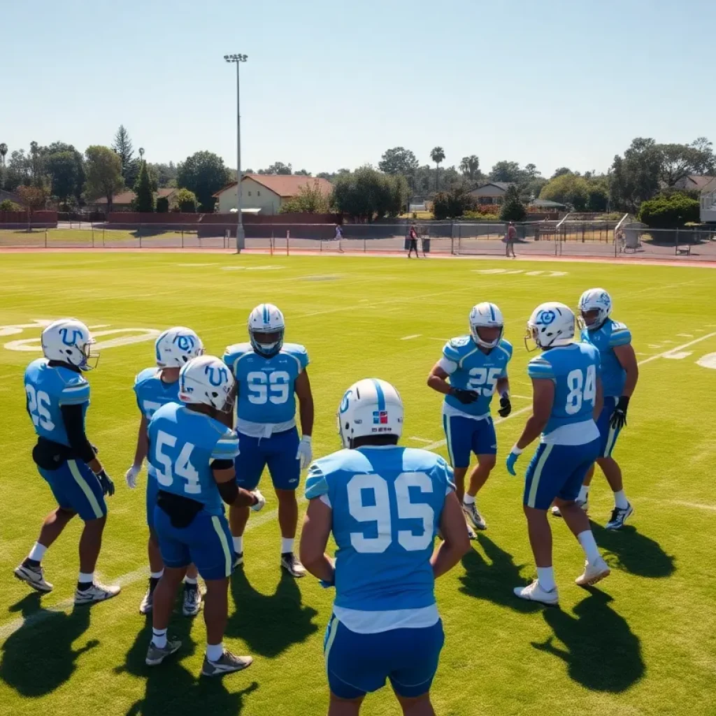 UCLA football team practicing on natural grass field