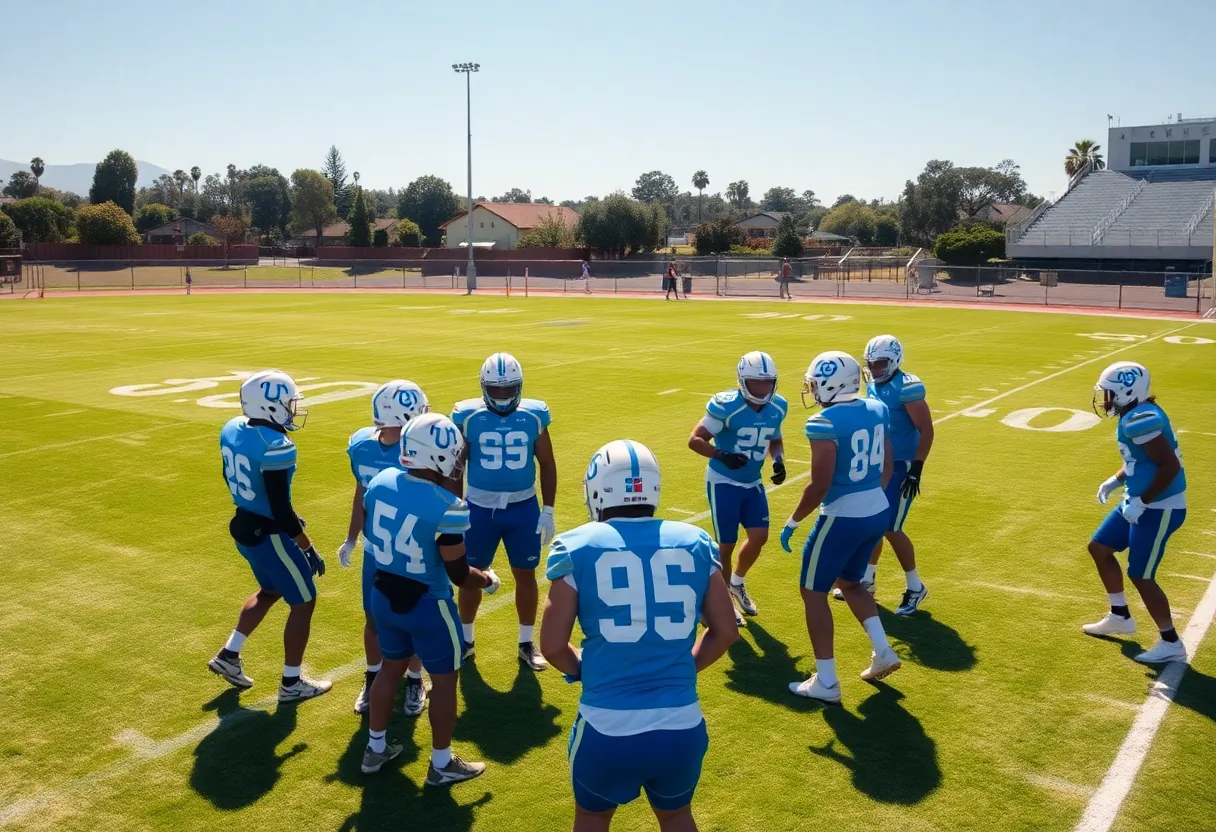 UCLA football team practicing on natural grass field