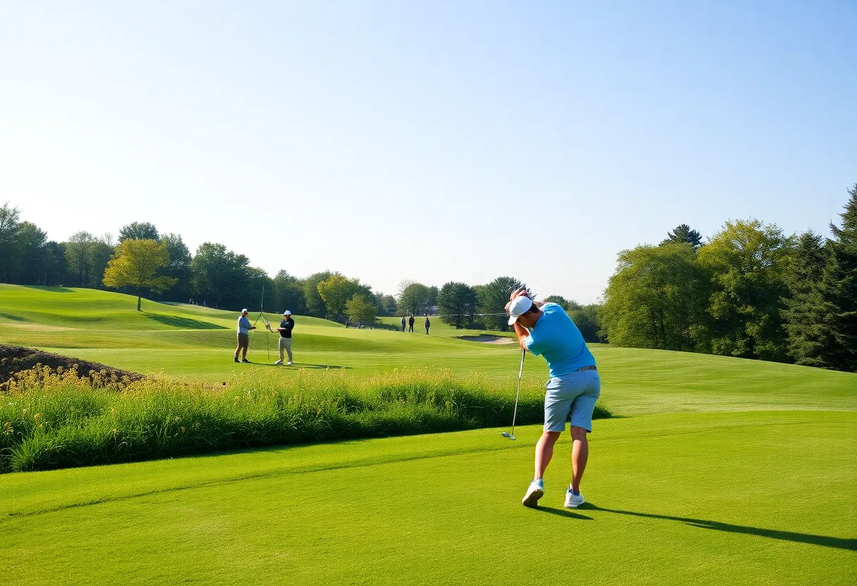 Golfers practicing at a collegiate golf course