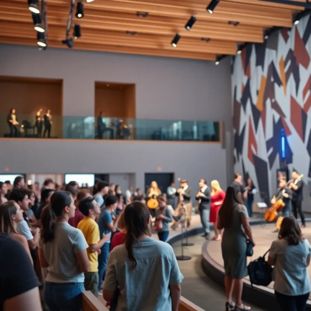 A bustling performing arts center filled with creative performances and diverse audiences.