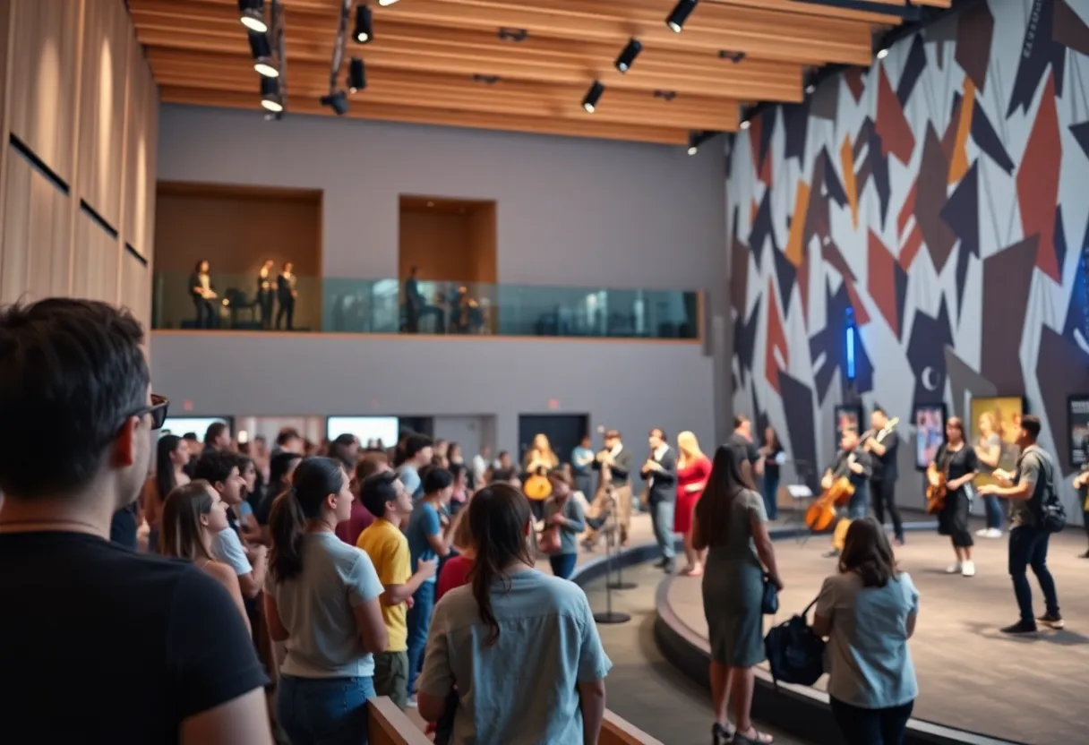 A bustling performing arts center filled with creative performances and diverse audiences.