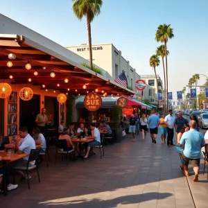 Outdoor dining setup and music celebration in West Hollywood