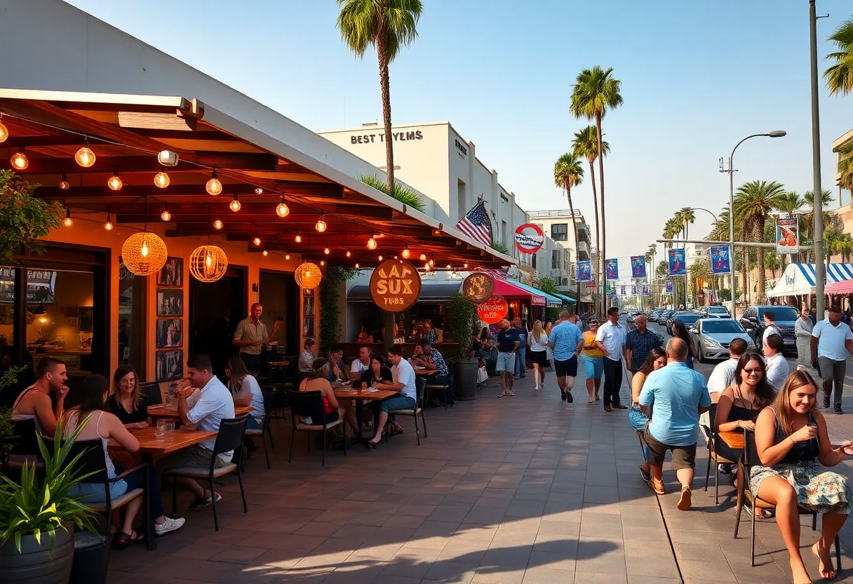 Outdoor dining setup and music celebration in West Hollywood