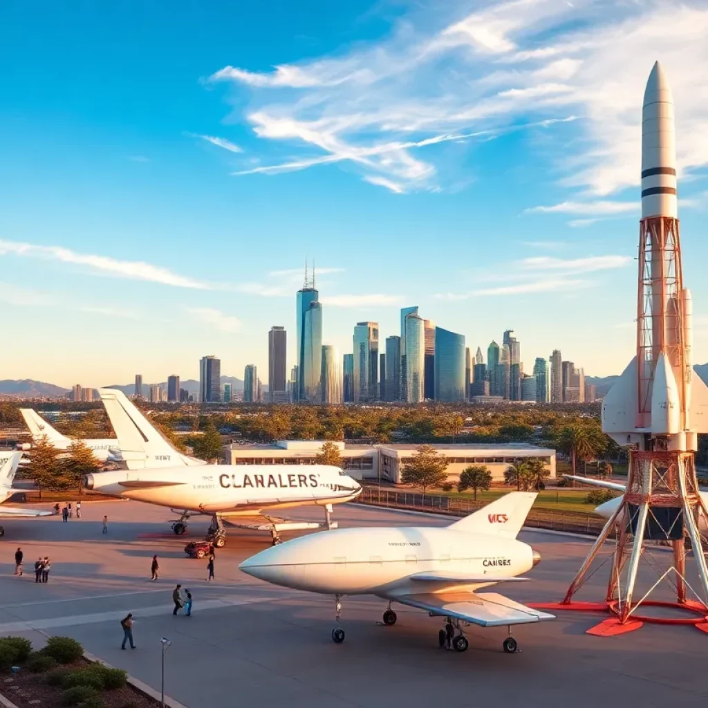 A modern depiction of aerospace innovation in Southern California with spacecraft and a skyline.