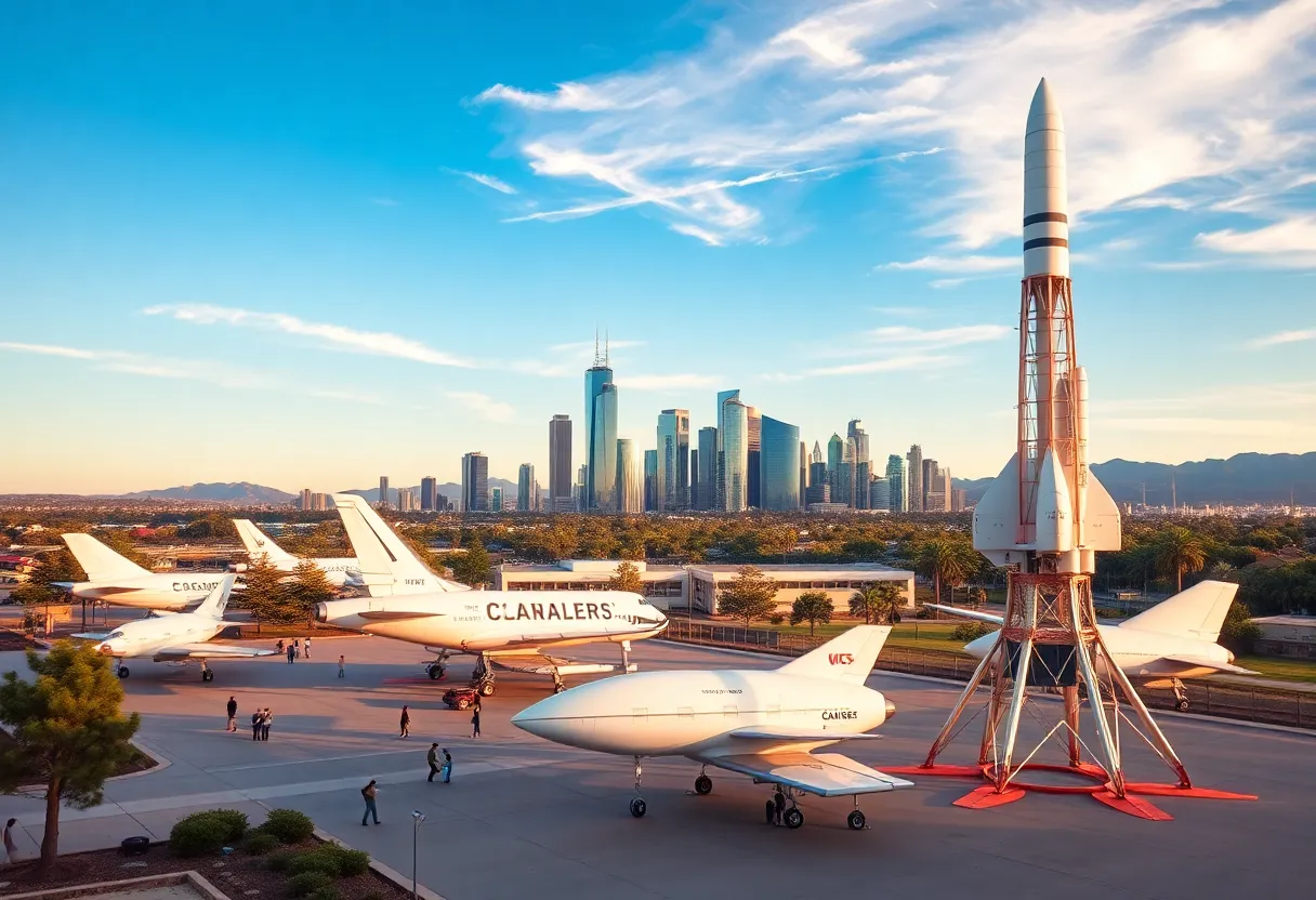 A modern depiction of aerospace innovation in Southern California with spacecraft and a skyline.