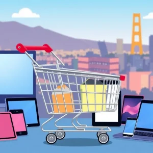 Illustration of digital shopping tools with a California skyline