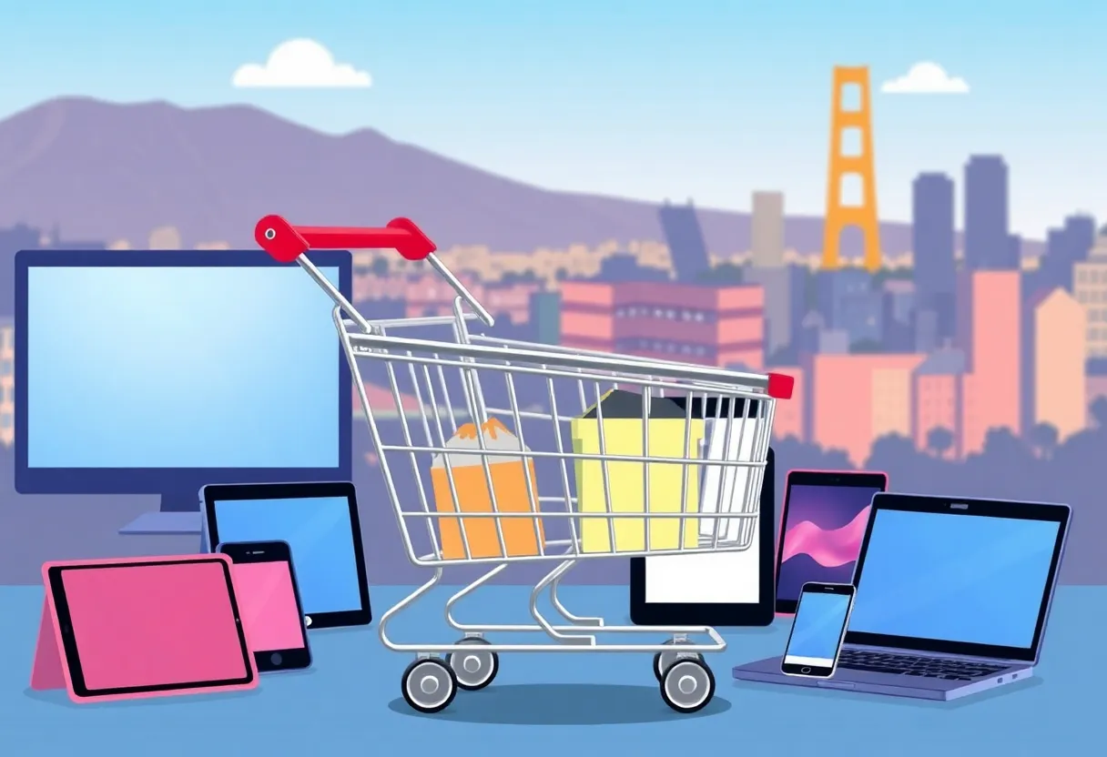 Illustration of digital shopping tools with a California skyline