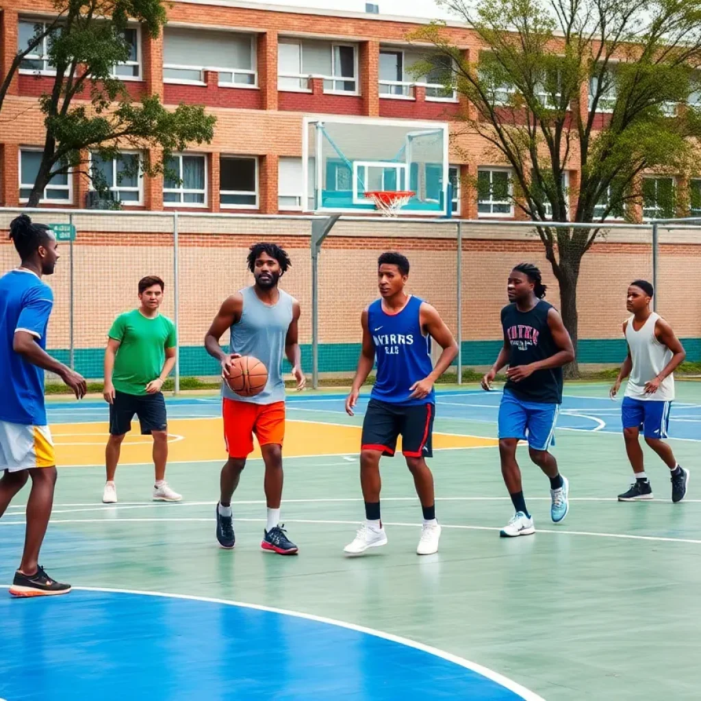 Diverse basketball players practicing on the court at Beverly Hills High School.
