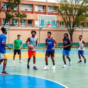 Diverse basketball players practicing on the court at Beverly Hills High School.