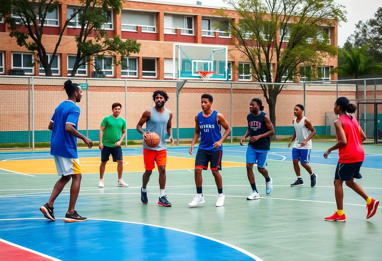 Diverse basketball players practicing on the court at Beverly Hills High School.
