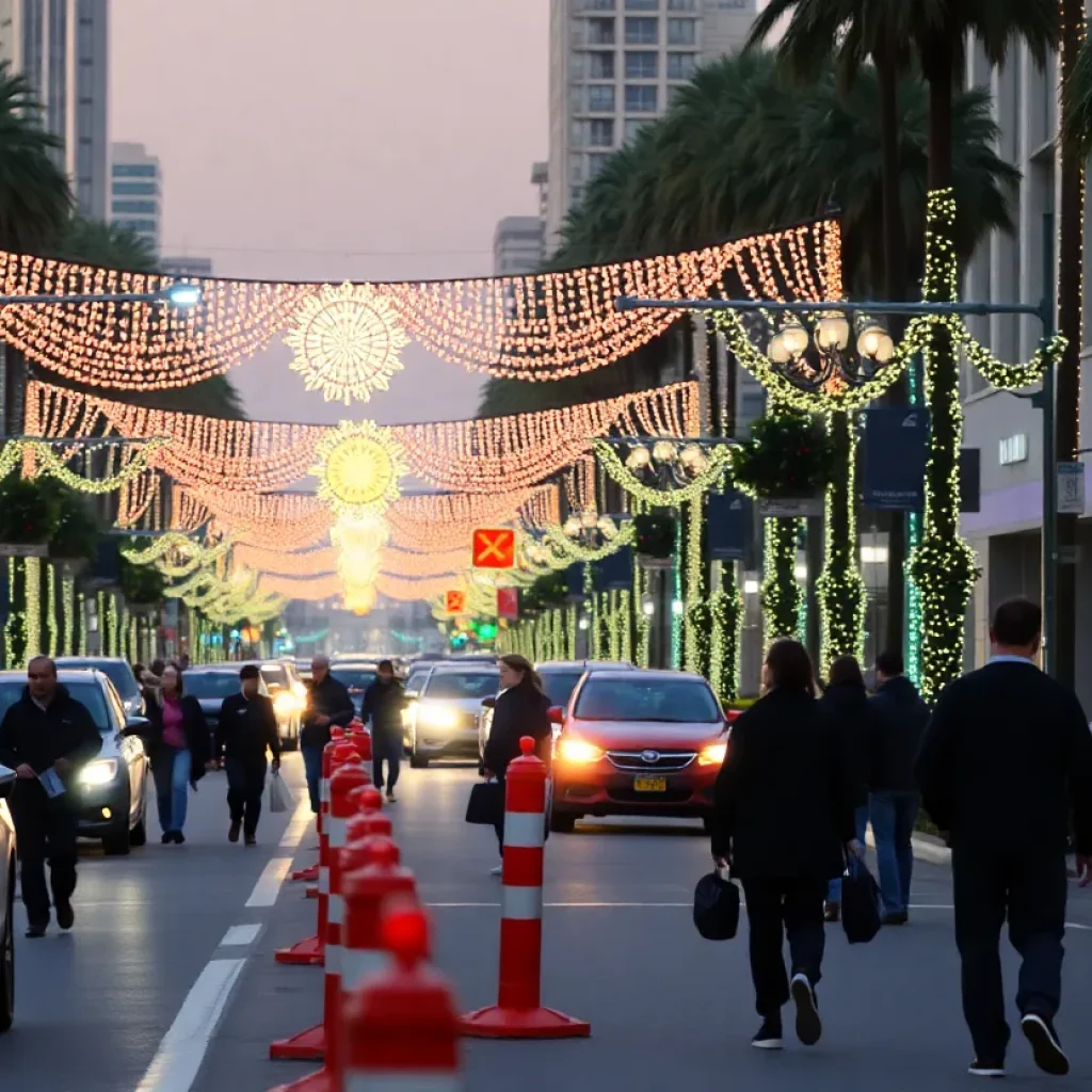 A festive street scene in Beverly Hills highlighting pedestrian safety concerns.