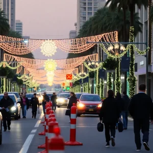 A festive street scene in Beverly Hills highlighting pedestrian safety concerns.