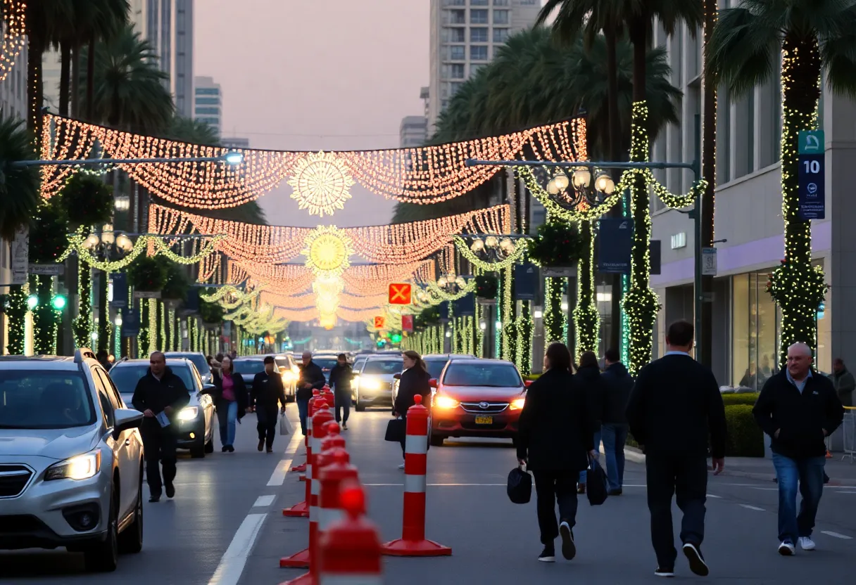 A festive street scene in Beverly Hills highlighting pedestrian safety concerns.