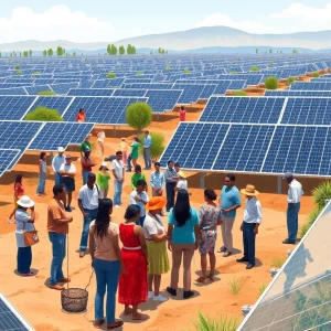Diverse community members working on a solar farm in California