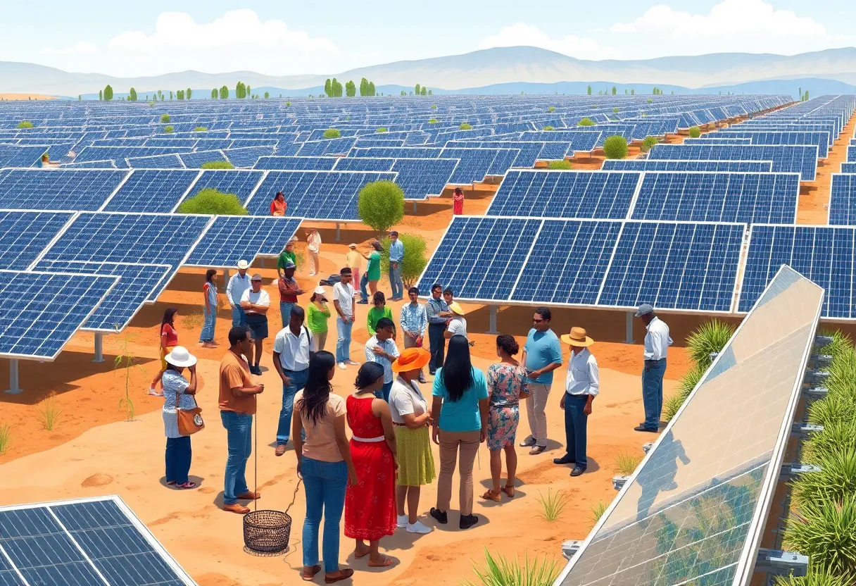 Diverse community members working on a solar farm in California