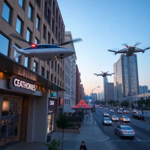 Aerial view of California's innovative economic landscape featuring flying taxis and retail spaces.