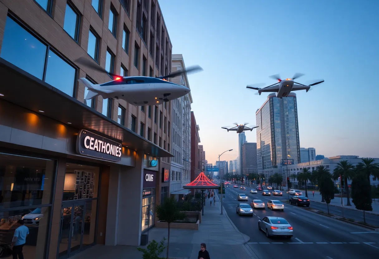 Aerial view of California's innovative economic landscape featuring flying taxis and retail spaces.
