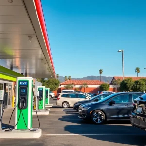 Electric vehicles charging at a public charging station in California