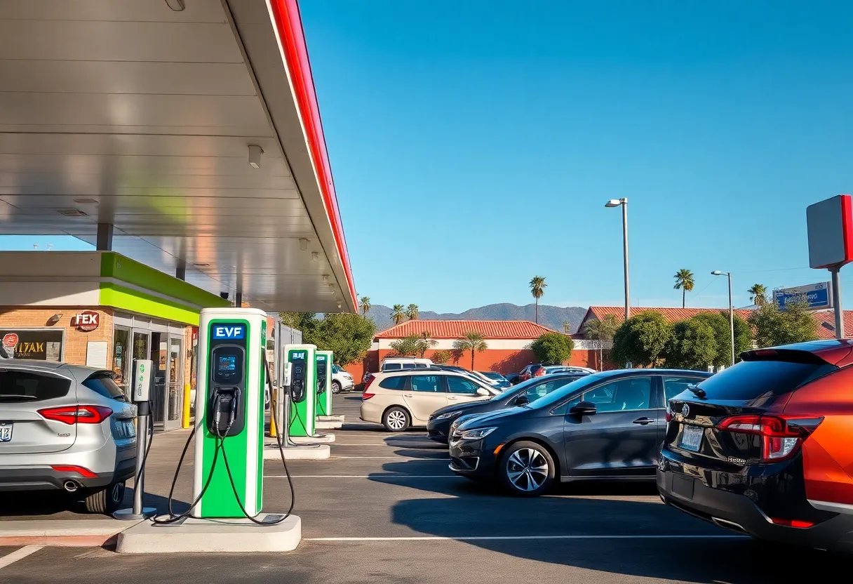 Electric vehicles charging at a public charging station in California