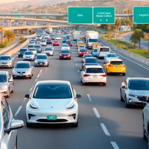 California freeway scene showcasing electric vehicles in carpool lanes