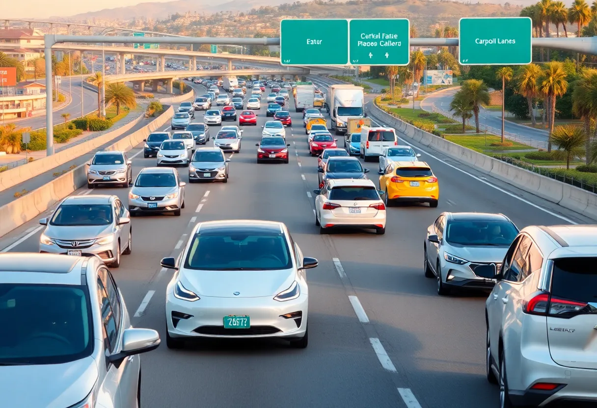 California freeway scene showcasing electric vehicles in carpool lanes