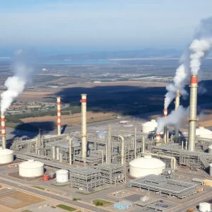 Aerial view of a refinery complex amidst California landscape