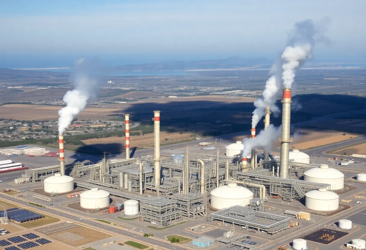 Aerial view of a refinery complex amidst California landscape