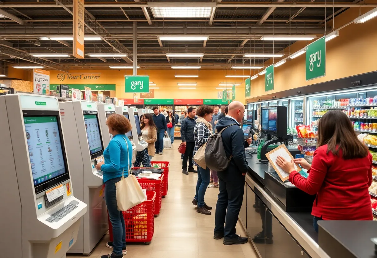 Self-checkout kiosks and a staffed checkout lane in California grocery store
